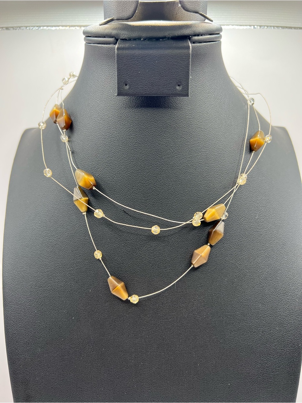 Vintage Multi Strand Earth Tone Illusion Necklace Tiger Eye Look Floating Bead